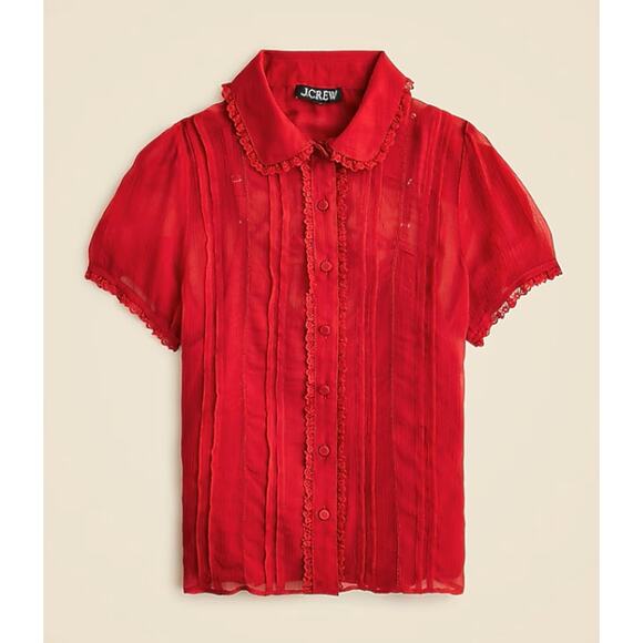 J.Crew Sheer Lace-trim Button-up Shirt 4 Red Cupro Crinkle Short Sleeve Pintuck - Picture 2 of 7